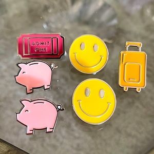 Set of 6 pins -Pig, suitcase, happy face, movie ticket (admit one)